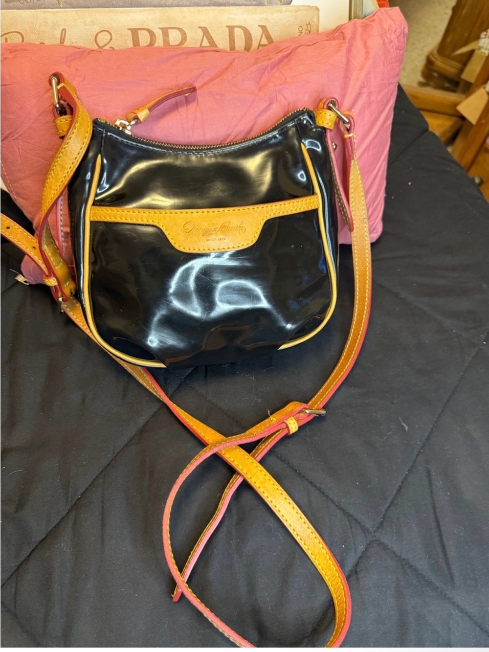 Dooney & Bourke Black Patent Crossbody with Tan Trim
